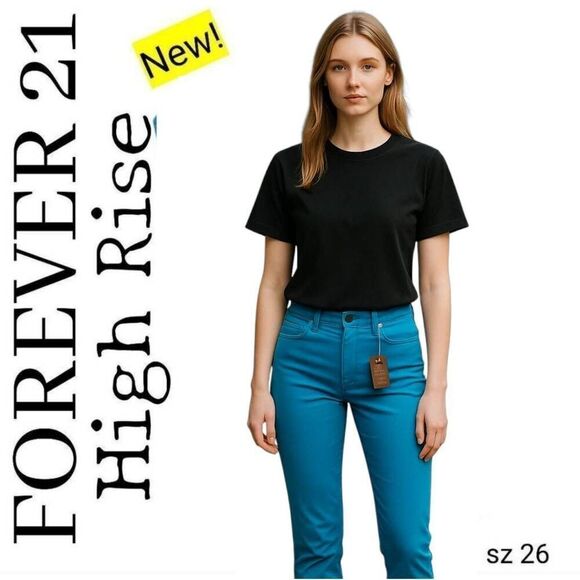 Jeans NEW! Forever 21 Turquoise Colored Denim High Rise Lightweight Straight NEW - Picture 1 of 11